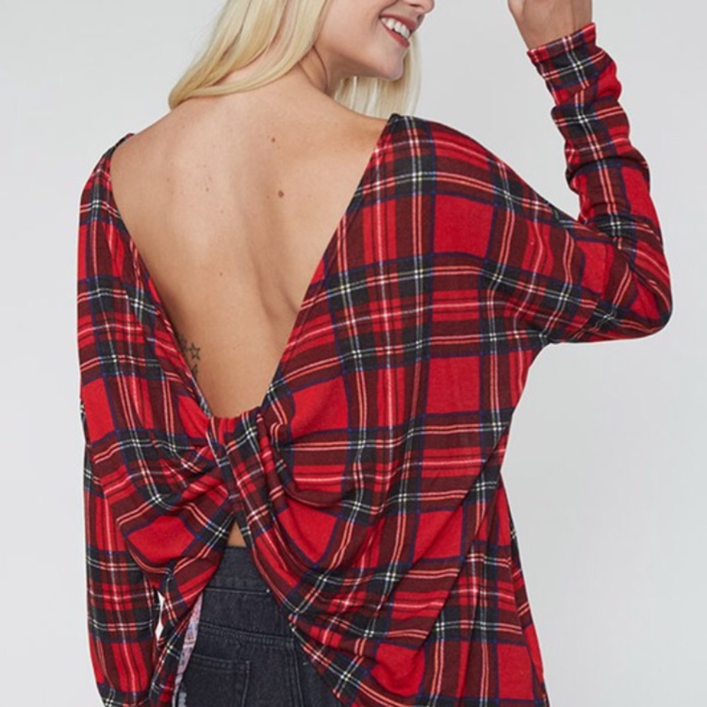 SMALLS! Red Plaid Twisted Back Top